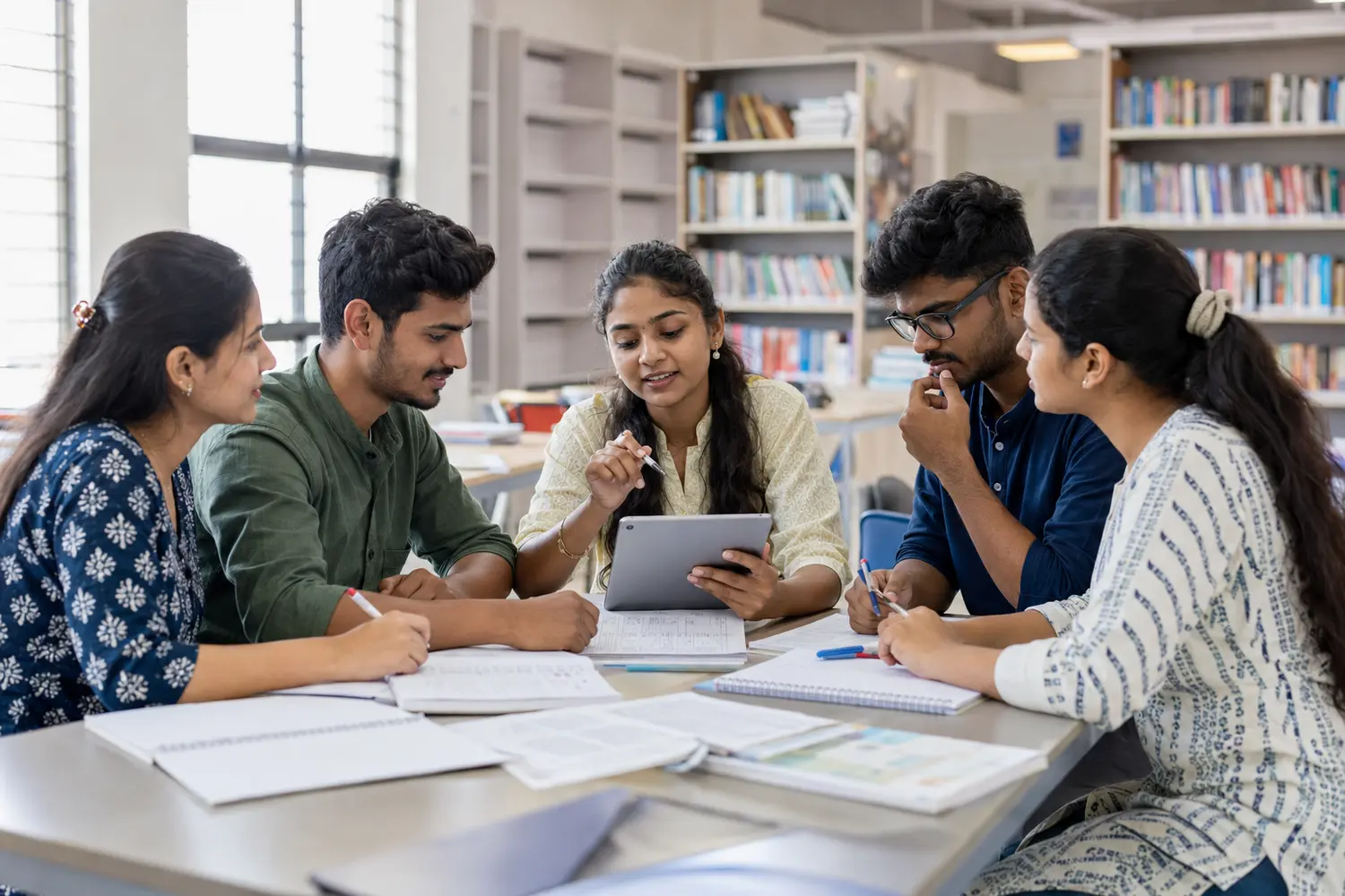 Indian student-teachers collaborating in a modern classroom